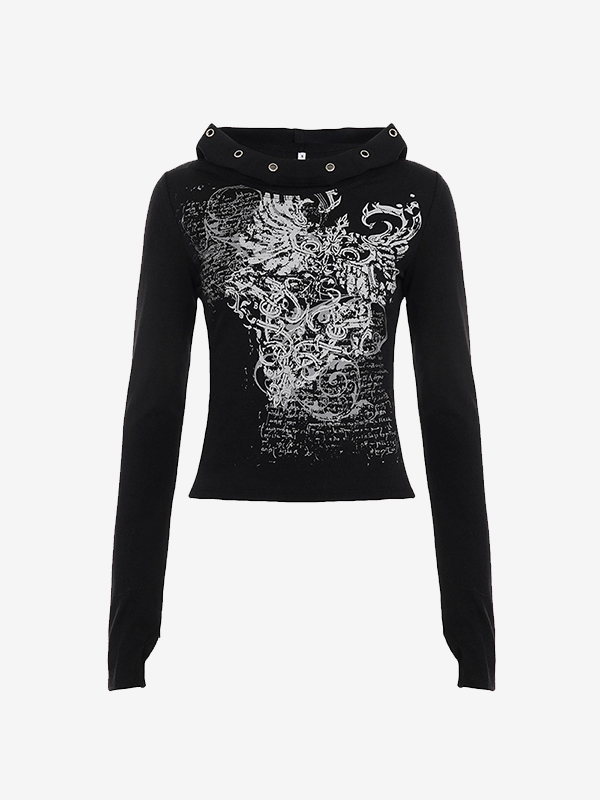 EMMIOL Dunkles Langarmshirt mit Retro-Print