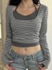EMMIOL Gestreiftes Patchwork-Zweiteiler-Langarm-T-Shirt
