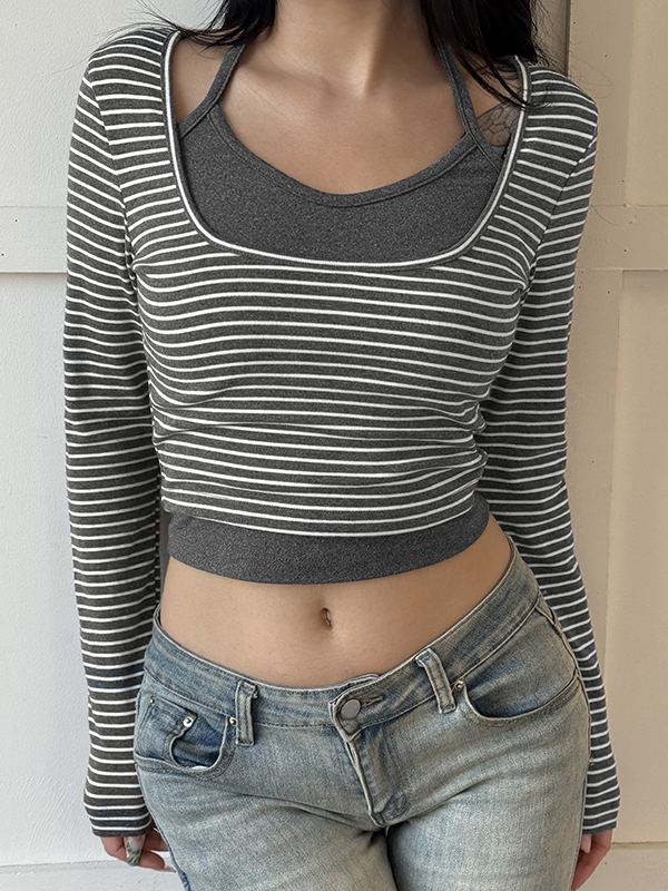 EMMIOL Gestreiftes Patchwork-Zweiteiler-Langarm-T-Shirt
