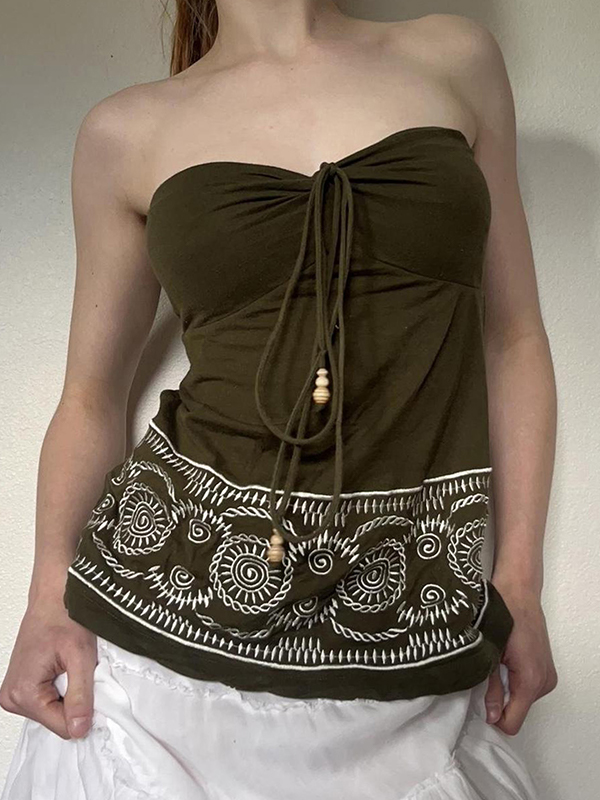 EMMIOL Neckholder-Top mit Perlen und Retro-Print