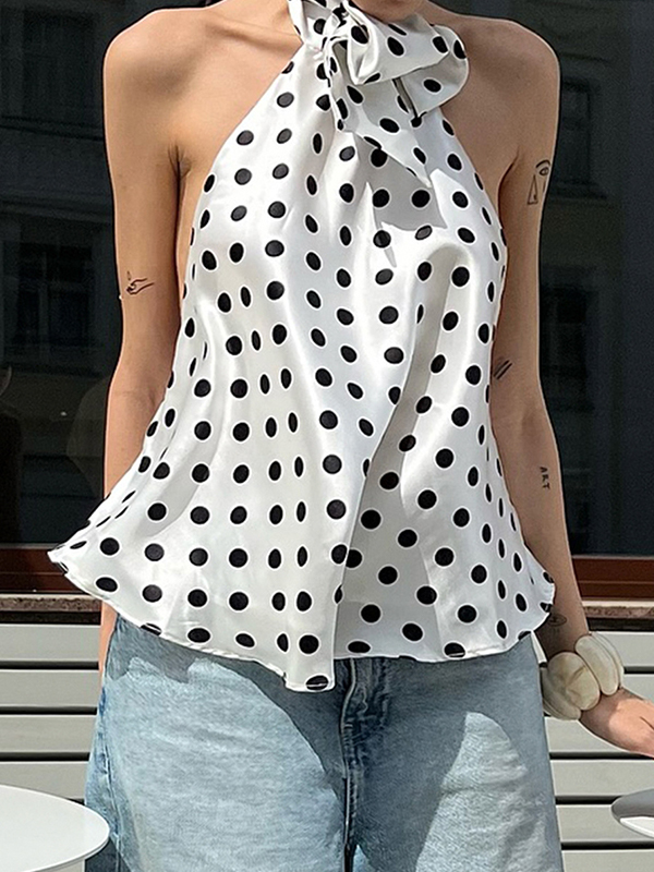 EMMIOL Canotta con stampa a pois in raso con fiocco sul collo