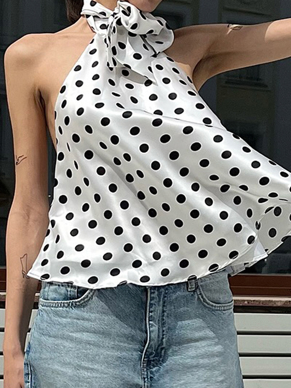 EMMIOL Canotta con stampa a pois in raso con fiocco sul collo