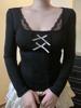 EMMIOL Bow Lace Trim Long-Sleeved Long Sleeve