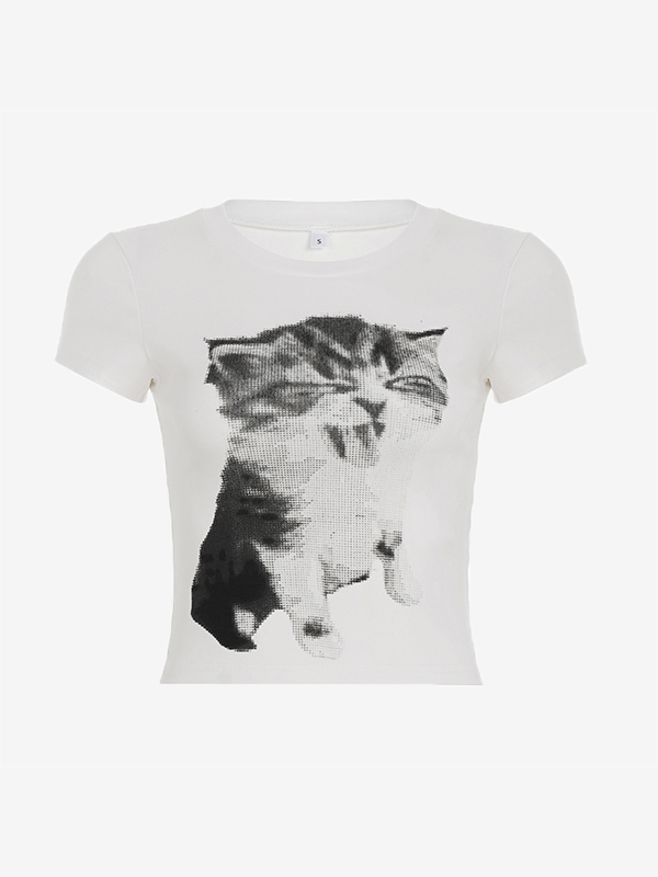 EMMIOL T-Shirt mit Katzenmuster und kurzen Ärmeln
