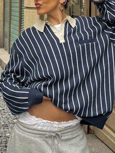 Cuello polo a rayas holgado de manga larga de gran tamaño