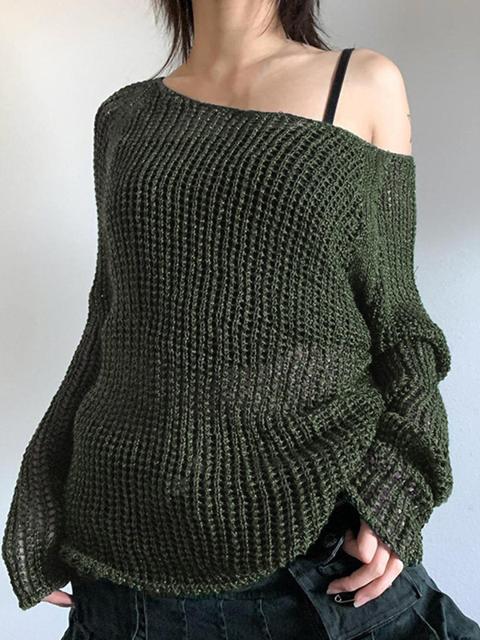 Durchbrochener schulterfreier Strickpullover mit langen Ärmeln