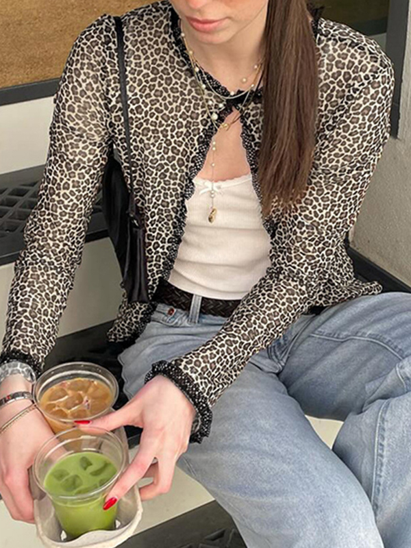 EMMIOL Kurzer Cardigan mit Leopardenmuster und langen Ärmeln