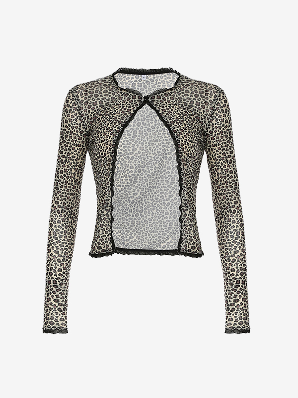 EMMIOL Kurzer Cardigan mit Leopardenmuster und langen Ärmeln