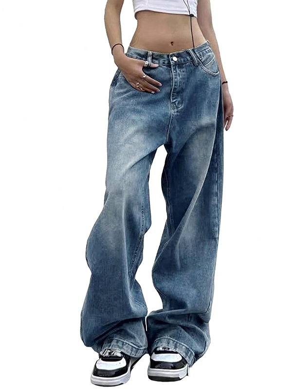 EMMIOL Damen-Jeans mit weitem Bein, mittelhoher bis niedriger Bund, Baggy-Jeans