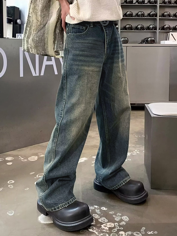 EMMIOL Jeans larghi da uomo con lavaggio blu vintage