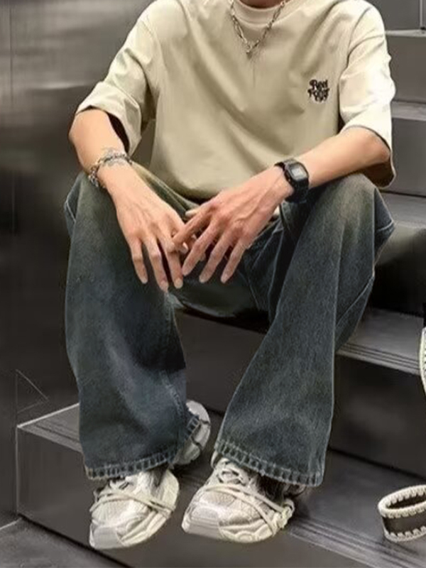 EMMIOL Jeans larghi da uomo con lavaggio blu vintage