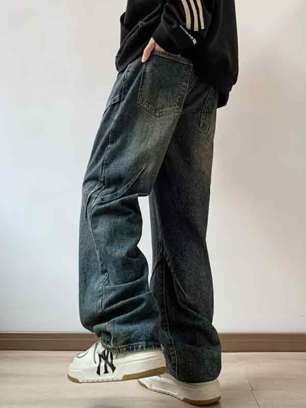 EMMIOL Men's Vintage Distressed Ruched Loose Jeans