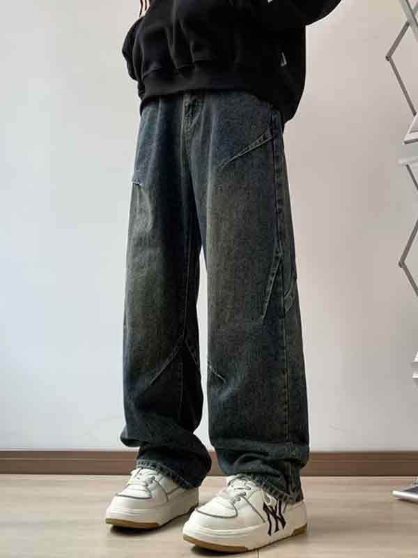 EMMIOL Men's Vintage Distressed Ruched Loose Jeans