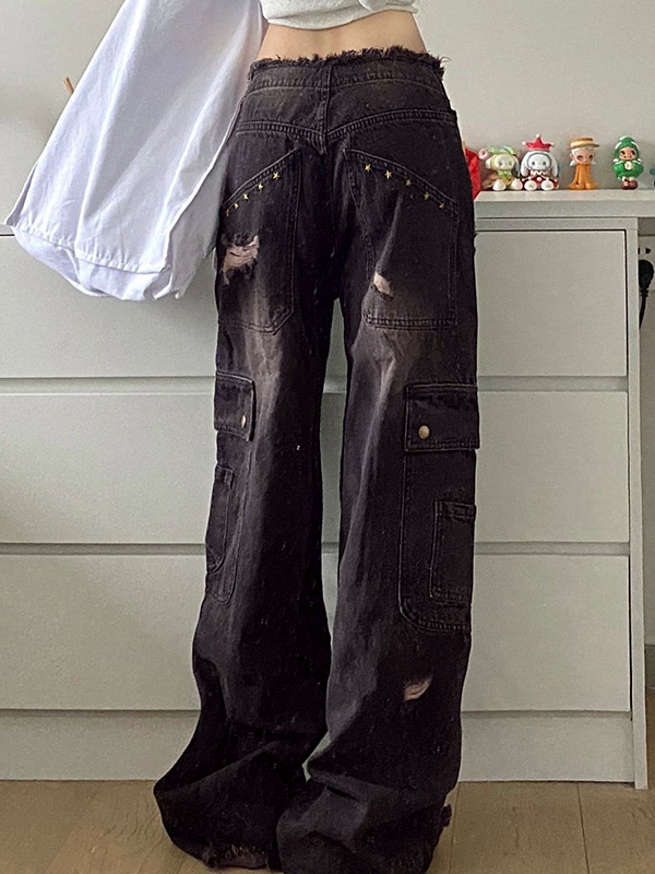 Emmiol Free shipping 2024 Vintage Distressed Studded Ripped Cargo Jeans ...