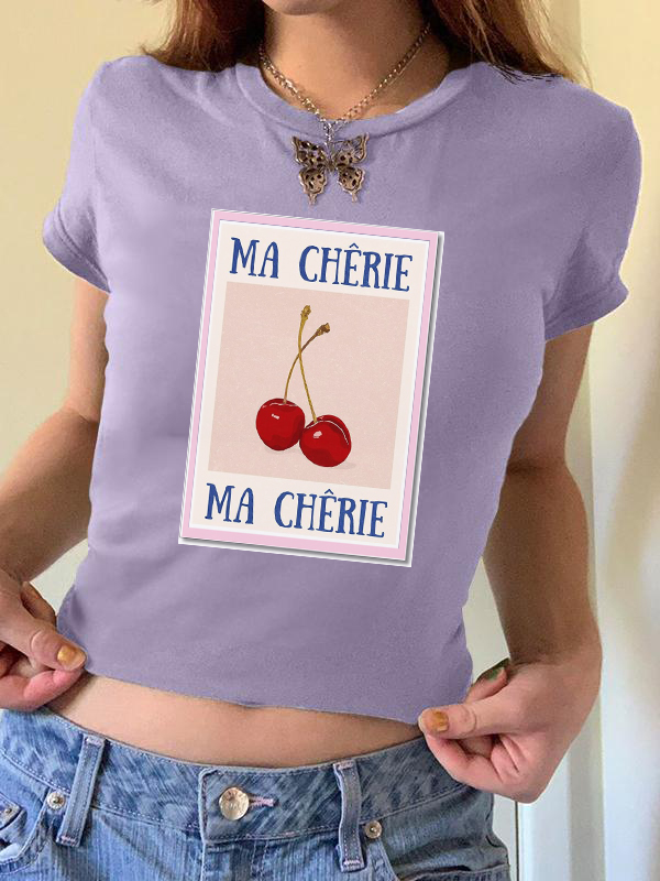 EMMIOL Camiseta corta de manga corta con cuello redondo y estampado de cerezas