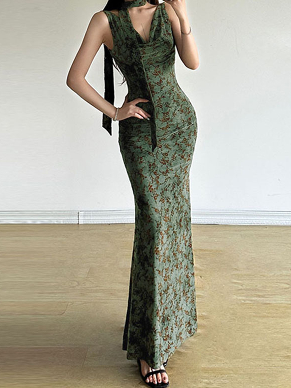 EMMIOL Vestidos largos sexys con cuello alto y cintura alta