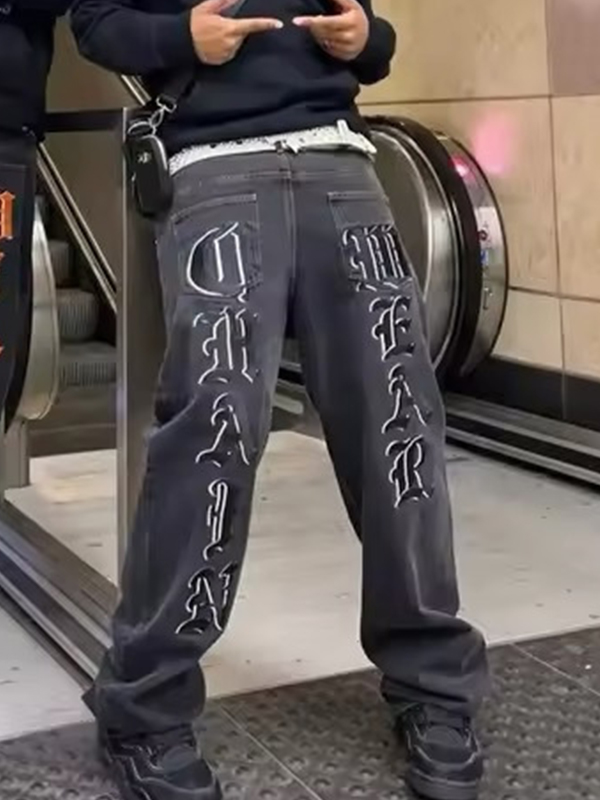 Jeans Baggy Uomo Con Stampa Stelle – Pantaloni Denim Larga Hip Hop Y2K, Vestibilità Oversize, Nero