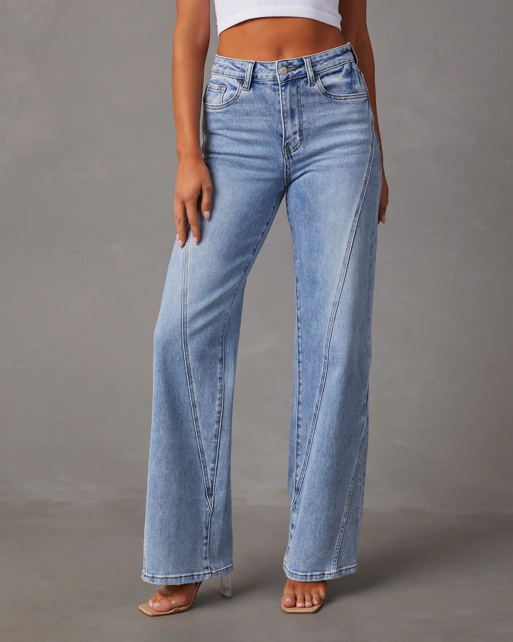 EMMIOL Damen-Jeans mit hohem Bund, Naht und weitem Bein