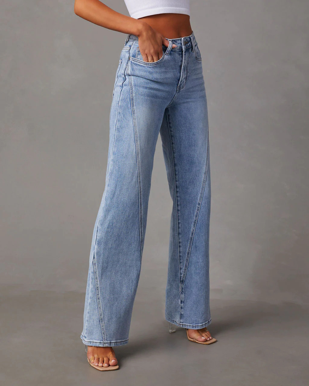EMMIOL Damen-Jeans mit hohem Bund, Naht und weitem Bein