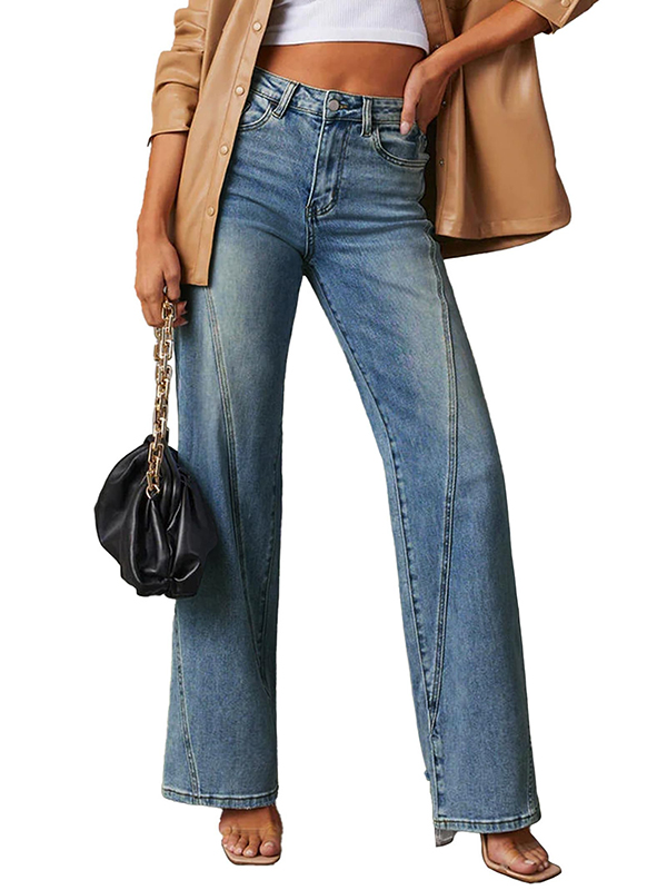 EMMIOL Damen-Jeans mit hohem Bund, Naht und weitem Bein