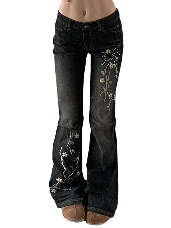 EMMIOL Jeans a zampa slim fit con ricamo floreale