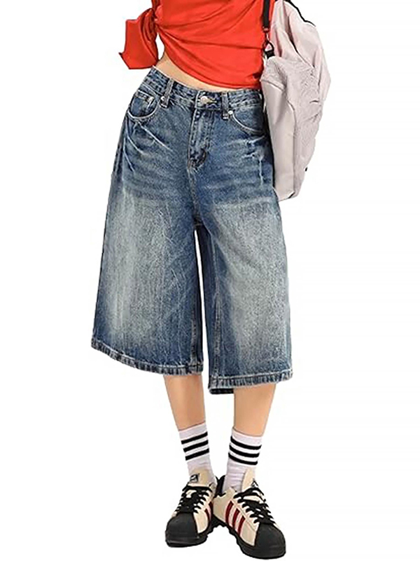 EMMIOL Lightning Print Loose Denim Shorts