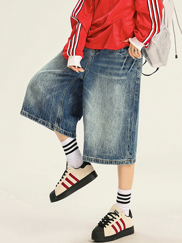 EMMIOL Pantalones cortos de mezclilla holgados con estampado de relámpagos