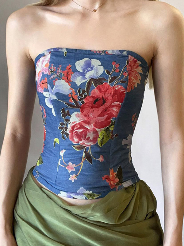 EMMIOL Top a fascia elasticizzato con stampa floreale vintage