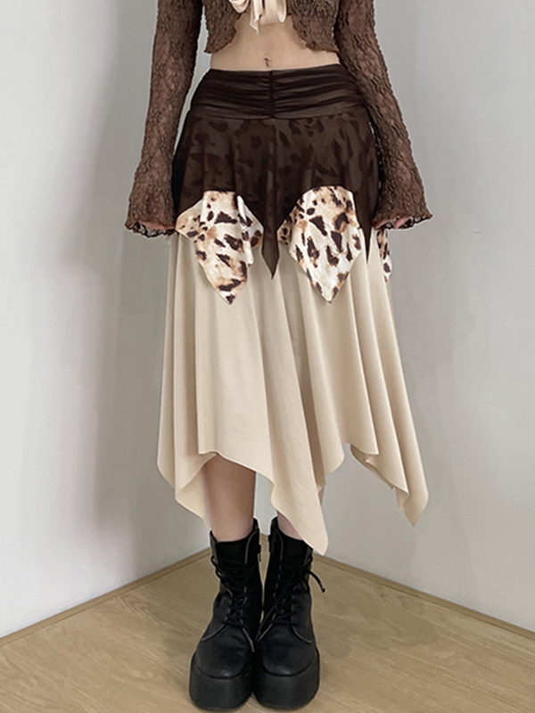 EMMIOL Unregelmäßiger Maxirock aus Netzstoff mit Leopardenmuster und Patchwork