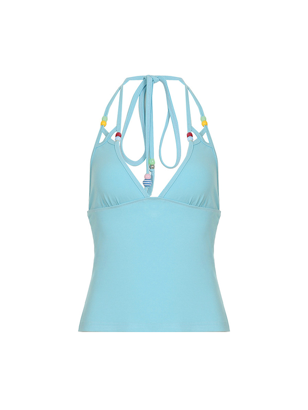 EMMIOL Bunte Neckholder-Weste mit Perlen und V-Ausschnitt