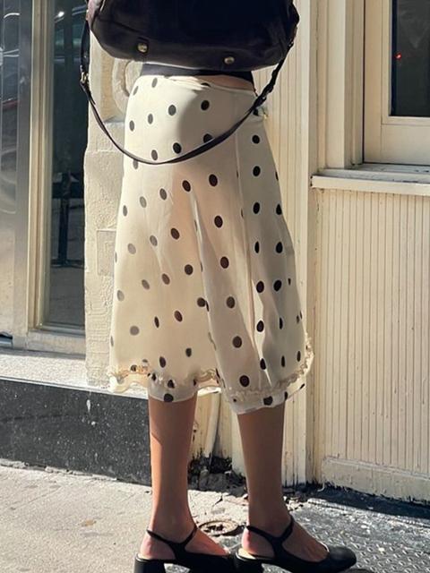 Gonna lunga vintage con rifiniture in legno a pois