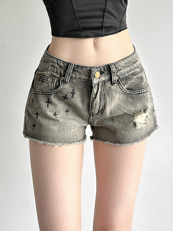 EMMIOL Jeansshorts im Distressed-Kreuz-Print im amerikanischen Stil