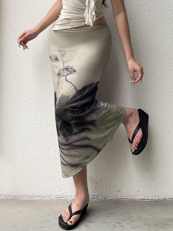 EMMIOL Maxirock im Retro-Stil mit Tintendruck im chinesischen Stil