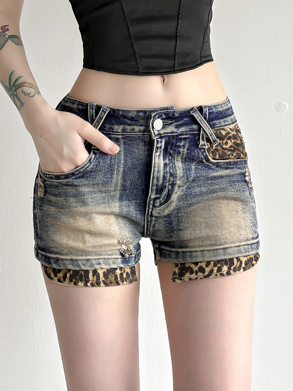 EMMIOL Pantaloncini in denim snellenti con tasche e stampa leopardata
