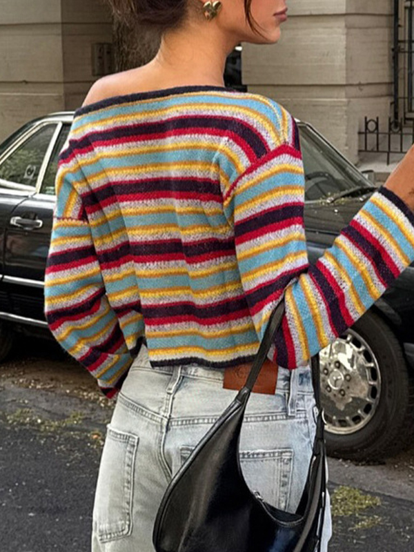 EMMIOL Colourful Striped Off-The-Shoulder Top Long Sleeve