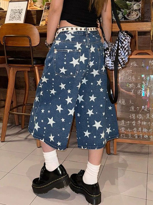 EMMIOL Pantaloncini in denim con strass a stella a cinque punte in stile retrò americano