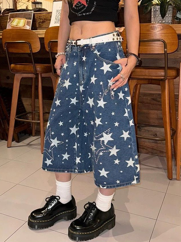 EMMIOL Pantaloncini in denim con strass a stella a cinque punte in stile retrò americano