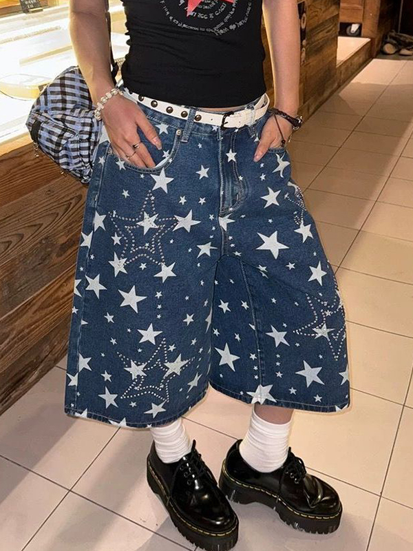 EMMIOL Pantaloncini in denim con strass a stella a cinque punte in stile retrò americano