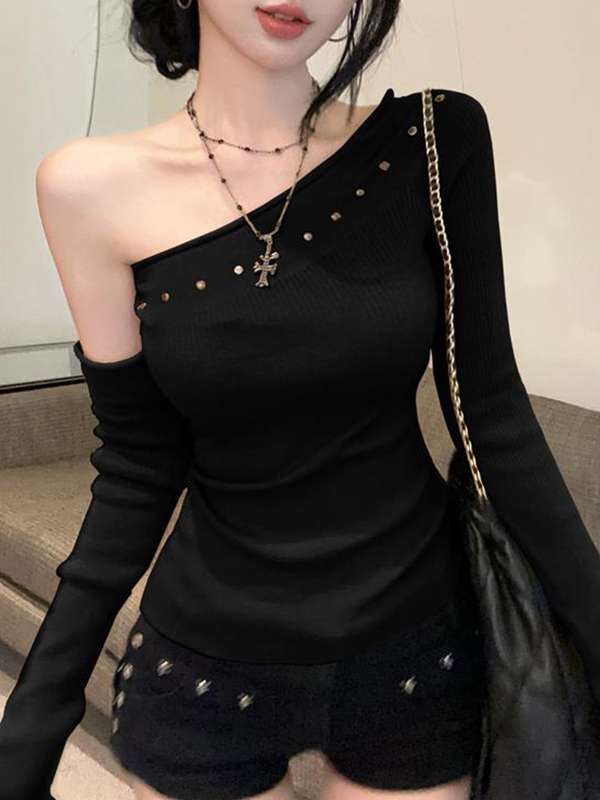 EMMIOL Spicy Girl Style Rhinestone Slanted Shoulder Long Sleeve