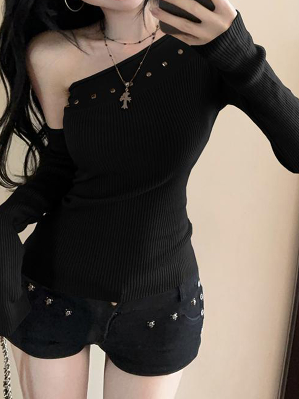 EMMIOL Spicy Girl Style Rhinestone Slanted Shoulder Long Sleeve