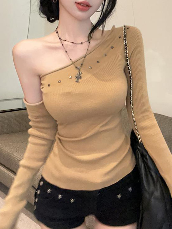 EMMIOL Spicy Girl Style Rhinestone Slanted Shoulder Long Sleeve