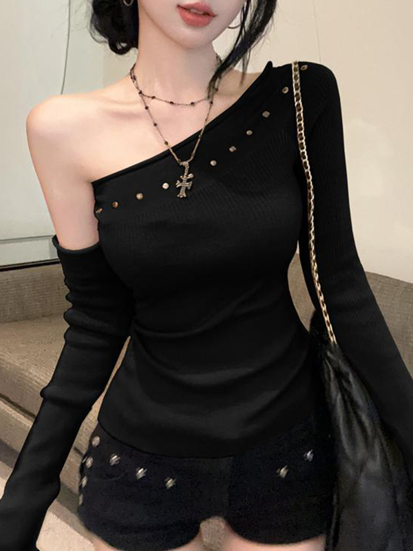 EMMIOL Spicy Girl Style Rhinestone Slanted Shoulder Long Sleeve