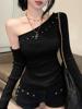 EMMIOL Spicy Girl Style Strass Schräge Schulter Langarm