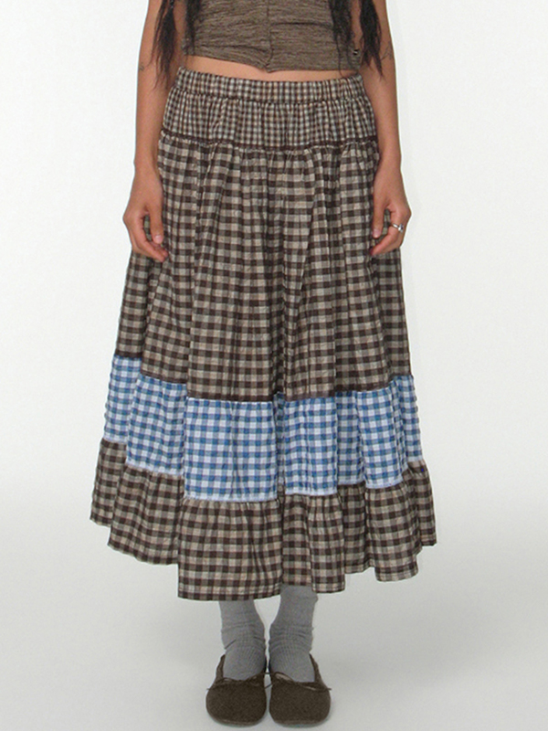 EMMIOL Retro Plaid Patchwork Colour Clash Maxi Skirt