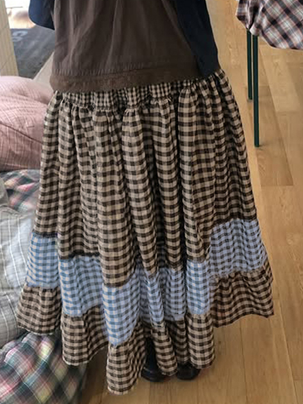 EMMIOL Retro Plaid Patchwork Colour Clash Maxi Skirt
