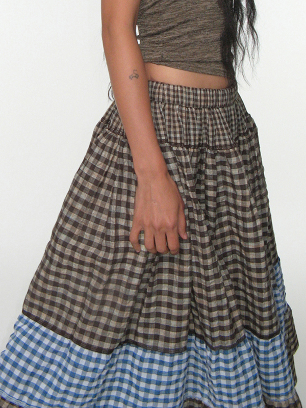 EMMIOL Retro Plaid Patchwork Colour Clash Maxi Skirt