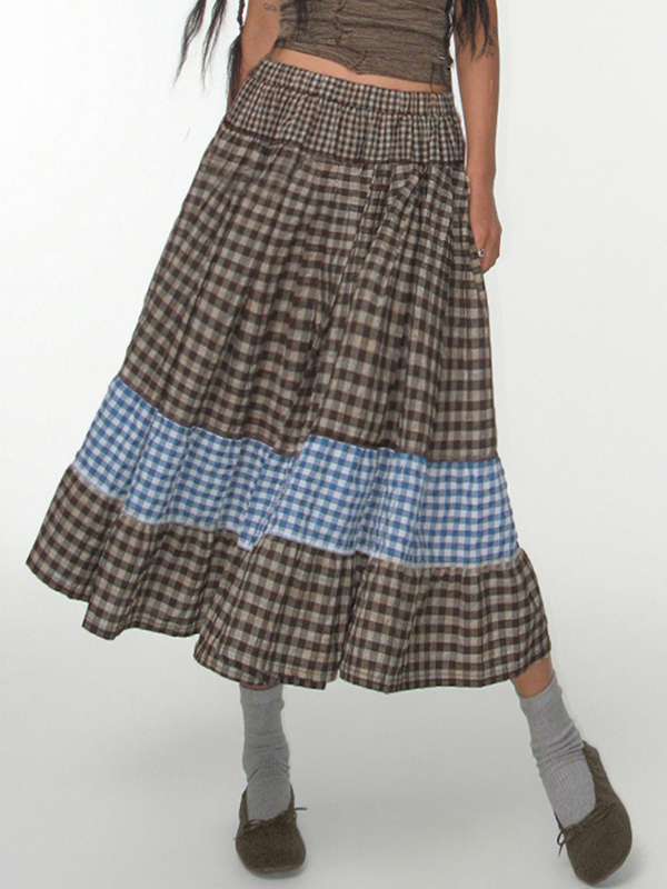 EMMIOL Retro Plaid Patchwork Colour Clash Maxi Skirt