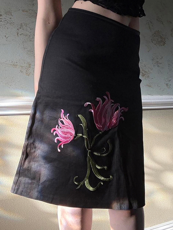 EMMIOL Falda larga con bordado floral vintage americano