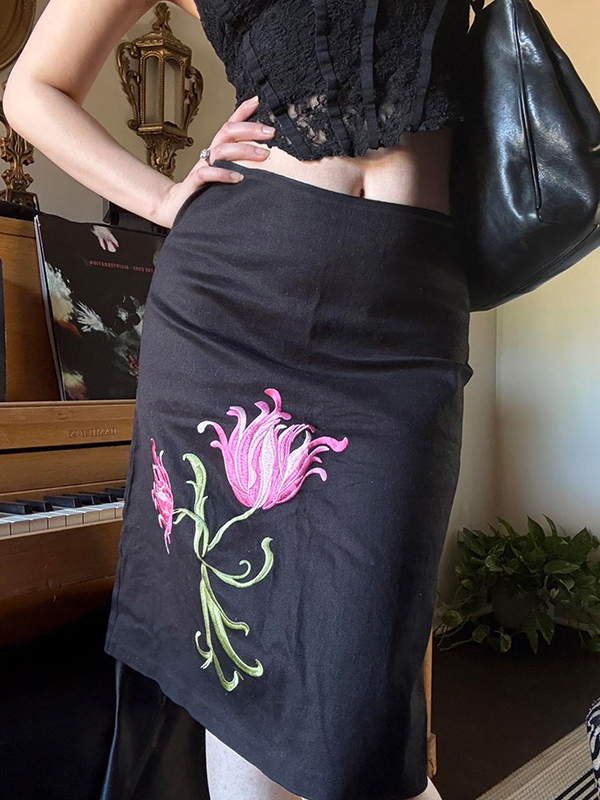 EMMIOL Falda larga con bordado floral vintage americano