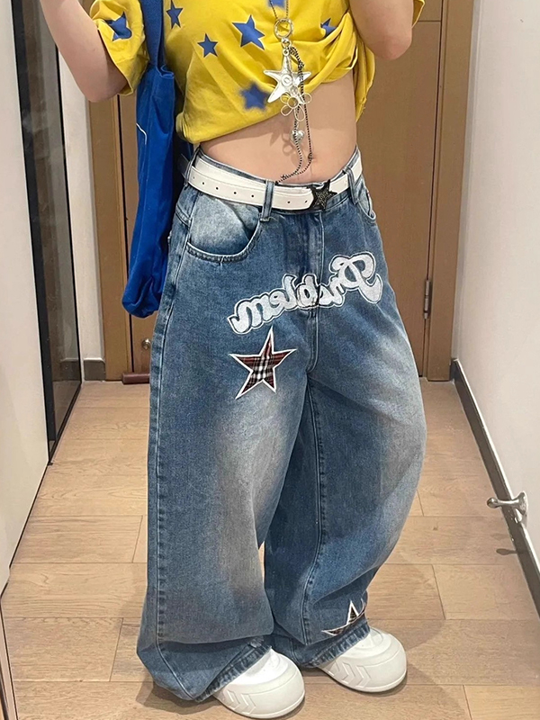 EMMIOL Retro Patchwork Buchstaben Sterne Boyfriend Jeans